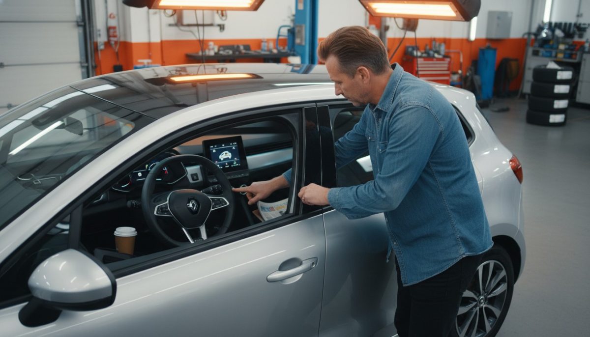 Client démarrant le moteur d'une voiture réparée Client démarrant le moteur d'une voiture réparée